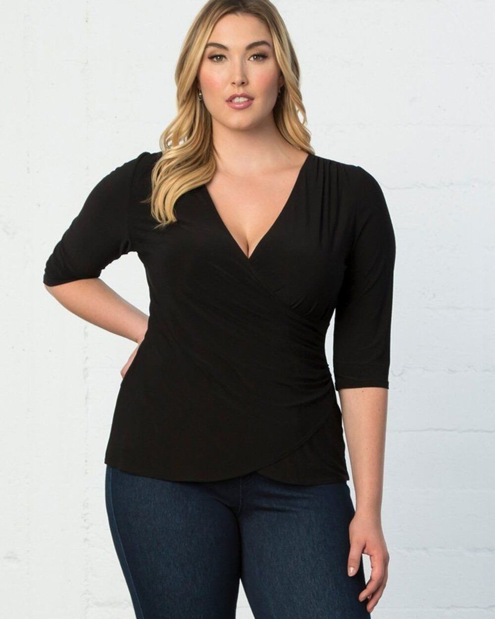 Kiyonna Top 2X Femme Fatale Faux Wrap Black Sexy Stretch Feminine Packable